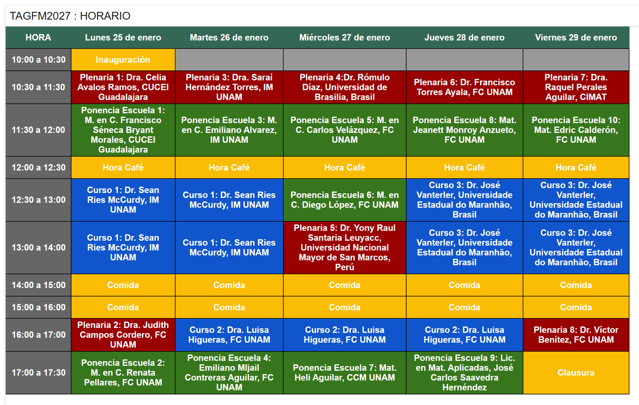 TAGFM 2027 schedule with Carlos Velázquez highlighted on Wednesday January 27 from 11:30 to 12:00